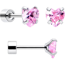Load image into Gallery viewer, Pink Heart CZ Flat Back Stud Earrings - 3 Pairs