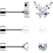 Load image into Gallery viewer, 20G Clear Gem White Orb Butterfly Flatback Earring Set of 6
