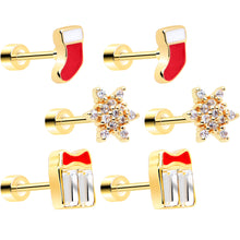 Load image into Gallery viewer, Clear Gem Gold Tone Stocking Christmas Gift Flat Back Earring Set of 6