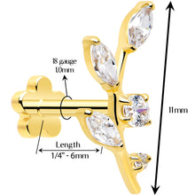 Load image into Gallery viewer, 18G 1/4 Clear Gem Gold PVD Implant Grade Titanium Leaves Threadless Flatback Earring