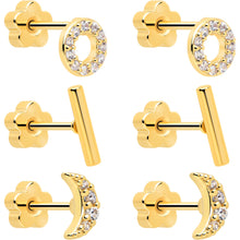 Load image into Gallery viewer, 20G Clear CZ Gem Moon Circle Bar Reversible Flower Flat Back Earring Set of 6