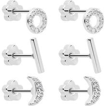 Load image into Gallery viewer, 20G Clear CZ Gem Moon Circle Bar Reversible Flower Flat Back Earring Set of 6