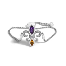 Load image into Gallery viewer, .925 Sterling Silver Marquise Purple Amethyst, Orange Citrine, and Diamond Accent Lariat 4â€-10†Fleur De Lis Adjustable Bolo Bracelet (I-J Color, I1-I2 Clarity)