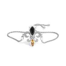 Load image into Gallery viewer, .925 Sterling Silver Marquise Black Onyx, Orange Citrine, and Diamond Accent Lariat 4â€-10†Fleur De Lis Adjustable Bolo Bracelet (I-J Color, I1-I2 Clarity) - 7"