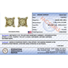 Load image into Gallery viewer, IGI Certified 3/8 Cttw Princess-Cut Square Diamond 4-Prong Solitaire Stud Earrings in 14K Yellow Gold (K-L Color, I1-I2 Clarity)