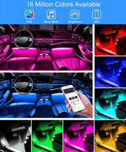 Load image into Gallery viewer, Interior Car Lights LED Car Strip Lights with Two-Line Waterproof Design RGB LED Strip Light With USB Wireless Remote Music Control Multiple Modes and Music Sync Under Dash Car Lighting with Car Charger, DC 12V