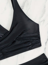 Load image into Gallery viewer, Bikini Solid Black Twist Front High Waist 2 Piece Swimsuit for Women – Stretchy V Neck Bikini Set with Ruched Tummy Control and Cross Strape Detail – Quick Drying Polyamide Swimwear for Beachwear Poolside and Summer Travel