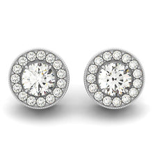 Load image into Gallery viewer, 14k White Gold Round Diamond Halo Milgrain Border Earrings (3/4 cttw)