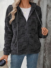 Load image into Gallery viewer, Dark Gray Women Checkered Pattern Jacket Comfy Textured Zip-Up Drawstring Fuzzy Jacket