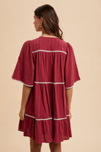 Load image into Gallery viewer, Tassel Contrast Trim Tie Neck Half Sleeve Tiered Dress – Bohemian-Inspired Dress with Tassel Details, Adjustable Tie Neck, and Tiered Design for a Flowing, Feminine Silhouette