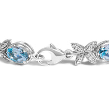Load image into Gallery viewer, .925 Sterling Silver Oval Blue Topaz Diamond Butterfly Link Bracelet (I-J Color, I1-I2 Clarity) - Size 7" Inches