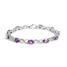 Load image into Gallery viewer, .925 Sterling Silver Oval Purple Amethyst and Diamond Infinity Link Bracelet (I-J Color, I1-I2 Clarity) - 7" Inches