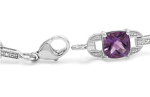 Load image into Gallery viewer, .925 Sterling Silver 7mm Cushion Cut Amethyst Gemstone and Diamond Tennis Link Bracelet (I-J Color, I1-I2 Clarity) - Size 7"