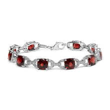 Load image into Gallery viewer, .925 Sterling Silver 7x7mm Checkered Cushion Red Garnet and Diamond Accent Fashion Tennis Link Bracelet (I-J Color, I1-I2 Clarity) - Size 7" Inch
