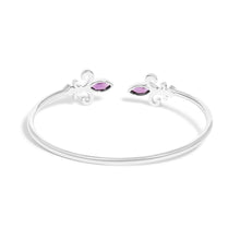 Load image into Gallery viewer, .925 Sterling Silver 8X4MM Marquise Purple Amethyst and Diamond Accent Fleur Di Lis Open Cuff Bangle (I-J Color, I1-I2 Clarity) - 7"