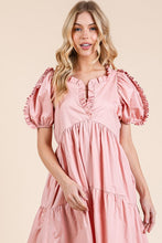 Load image into Gallery viewer, Ruffle Trim Puff Sleeve Tiered Babydoll Midi Dress β Fluttering, Sweet, Elegant, Feminine, and Trendy Babydoll Midi Dress with Ruffle Trim and Puff Sleeves