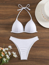 Load image into Gallery viewer, Bikini Rib Knit Solid Color Triangle 2 Piece Swimsuit for Women – Adjustable Tie Back Halter Bikini Set with Spaghetti Straps – High Stretch Polyester Swimwear for Summer Beachwear Poolside Relaxation and Tropical Vacation
