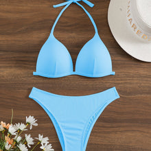 Load image into Gallery viewer, Bikini Rib Knit Solid Color Triangle 2 Piece Swimsuit for Women – Adjustable Tie Back Halter Bikini Set with Spaghetti Straps – High Stretch Polyester Swimwear for Summer Beachwear Poolside Relaxation and Tropical Vacation