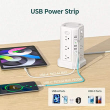 Load image into Gallery viewer, Surge Protector Tower 1800J with 4 USB A Ports, USB C (PD18W) Port, 12 AC Outlets and 10FT Cord