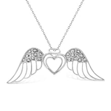 Load image into Gallery viewer, .925 Sterling Silver Pave-Set Diamond Accent Angel Wing 18" Double Heart Pendant Necklace (I-J Color, I1-I2 Clarity)