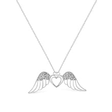 Load image into Gallery viewer, .925 Sterling Silver Pave-Set Diamond Accent Angel Wing 18" Double Heart Pendant Necklace (I-J Color, I1-I2 Clarity)