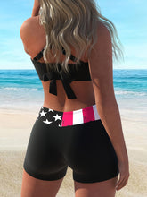 Load image into Gallery viewer, Bikini American Flag Print 2 Piece Criss Cross Halter Swimsuit for Women – High Stretch Patriotic Bikini Set with Ring Knot Back and Boxer Shorts Bottoms – Comfortable Summer Swimwear for Beach Pool and 4th of July Celebrations