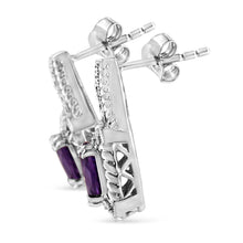Load image into Gallery viewer, .925 Sterling Silver 8x6 MM Natural Oval Purple Amethyst Gemstone and Diamond Accent Art Deco Style Drop and Dangle Earrings (I-J Color, I1-I2 Clarity)