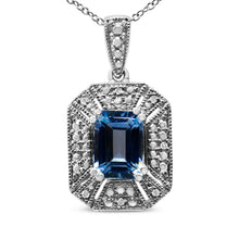 Load image into Gallery viewer, .925 Sterling Silver Blue Topaz and Diamond Accent Art Deco Style 18" Pendant Necklace (I-J Color, I1-I2 Clarity)