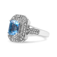 Load image into Gallery viewer, .925 Sterling Silver Diamond Accent and 8X6 mm Emerald-Shape Blue Topaz Ring (I-J Color, I2-I3 Clarity) - Ring Size 7