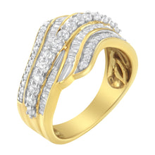 Load image into Gallery viewer, 10K Yellow Gold 1.0 Cttw Baguette and Round Diamond Multi-Row Wave Bypass Ring (I-J Color, I1-I2 Clarity) - Ring Size 7