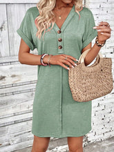 Load image into Gallery viewer, Elegant Button V-Neck Short Sleeve Dress Flattering Casual & Office Wear Simple Dress
