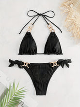 Load image into Gallery viewer, Bikini Ruched Texture Golden Chain 2 Piece Triangle Swimsuit for Women – Striped Halter Bikini Set with Bow Tie Side and Elegant Ring Link Detail – Stretchy Beachwear for Pool Bathing and Summer Vacations