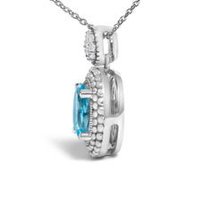 Load image into Gallery viewer, .925 Sterling Silver Oval Blue Topaz and Diamond Accent with Beaded Halo Pendant Necklace - 18" Inches