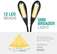 Load image into Gallery viewer, Super Adjustable Goosenecks Clip LED Lamp For Book Reading With Stand And Double Ligh Rechargeable 12 LED Warm Book Light, Clip On Bed Reading Light, Music Stand Lamp, 2 Brightness & 2 Goosenecks Light Up 2 Full Pages. Perfect For Bookworms, Kids & Music