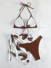 Load image into Gallery viewer, Feather Luxe 3-Piece Bikini Set – Exotic Feather Print Halter Neck Backless Swimsuit with High Cut Tie Back Bottoms and Wrap Cover-Up – Women’s High-Stretch Comfortable Swimwear for Summer Beach & Pool Vacations