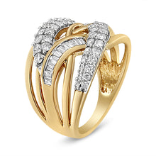 Load image into Gallery viewer, 10K Yellow and White Gold 1.0 Cttw Round and Baguette-Cut Diamond Multirow Interwoven Cocktail Ring (I-J Color, I2-I3 Quality) - Size 7