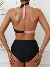 Load image into Gallery viewer, Bikini Black and White Contrast Color Criss Cross Neck 2 Piece Swimsuit for Women – Stylish Medium Stretch Two-Tone Bikini Set with Unique Neckline and Flattering Fit – Modern Swimwear for Beach Days, Pool Lounging, and Summer Escapes