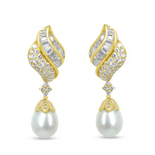 Load image into Gallery viewer, 18k Yellow Gold 7.0 Cttw Baguette and Round Diamond South Sea Pearl Drop Dangle Clip-On Earrings (F-G Color, VS1-VS2 Clarity)