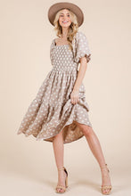 Load image into Gallery viewer, New Floral Embroidered Smocked Puff Sleeve Tiered Midi Dress For Women Elegant,Charming and Feminine Floral Embroidered Midi Dress with Puff Sleeves and Tiered Design