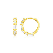Load image into Gallery viewer, 14k Yellow Gold Petite Hoop Earrings with Baguette Cubic Zirconias