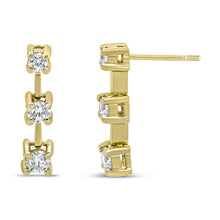 Load image into Gallery viewer, 14K Yellow Gold 1/2 Cttw Round Diamond 3 Stone Graduated Linear Drop Past, Present and Future Stud Earrings (H-I Color, SI1-SI2 Clarity)