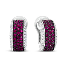 Load image into Gallery viewer, 18K White Gold and Black Rhodium Plated 3/4 Cttw Round Diamonds and 1mm Round Red Ruby Huggie Hoop Earrings (F-G Color, VS1-VS2 Clarity)