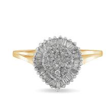 Load image into Gallery viewer, 10K Yellow Gold 1/2 Cttw Round & Baguette Cut Diamond Pear Shaped Domed Pavé Cluster with Halo Cocktail Ring (J-K Color, I1-I2 Clarity) - Size 4-1/4