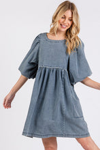 Load image into Gallery viewer, Washed Round Neck Puff Sleeve Denim Dress – Casual, Vintage-Inspired, Comfortable & Chic, Effortlessly Stylish, Classic Denim Dress