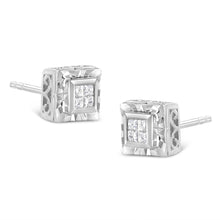 Load image into Gallery viewer, .925 Sterling Silver 1/6 Cttw Invisible Set Princess-Cut Diamond Quad Composite Stud Earrings (H-I Color, I1-I2 Clarity)