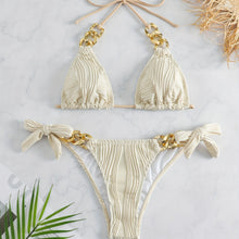 Load image into Gallery viewer, Bikini Ruched Texture Golden Chain 2 Piece Triangle Swimsuit for Women – Striped Halter Bikini Set with Bow Tie Side and Elegant Ring Link Detail – Stretchy Beachwear for Pool Bathing and Summer Vacations