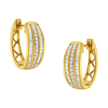 Load image into Gallery viewer, 10K Yellow Gold 3/4 Cttw Pave and Channel Set Diamond Triple Row Modern Hoop Earrings (I-J Color, I2-I3 Clarity)