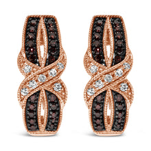 Load image into Gallery viewer, 10K Rose Gold 1/3 Cttw White and Brown Diamond Milgrain Criss Cross J-Hoop Earrings (I-J Color, I1-I2 Clarity)