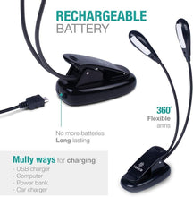 Load image into Gallery viewer, Super Adjustable Goosenecks Clip LED Lamp For Book Reading With Stand And Double Ligh Rechargeable 12 LED Warm Book Light, Clip On Bed Reading Light, Music Stand Lamp, 2 Brightness & 2 Goosenecks Light Up 2 Full Pages. Perfect For Bookworms, Kids & Music
