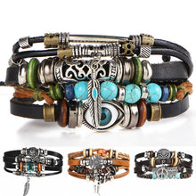 Load image into Gallery viewer, BOHO Tibet Stone Feather Multilayer Leather Bracelet Eye Fish Charms Beads Bracelets For Men Vintage Punk Wrap Wristband Cool Jewelry